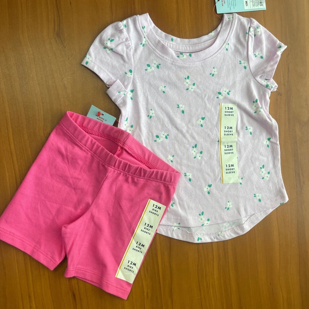 Cat & Jack Baby Girls 12M Floral T-Shirt and Bike Shorts Set Pink Purple NWT